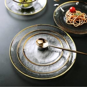 lot de 3 assiettes en verre transparent et contour doré